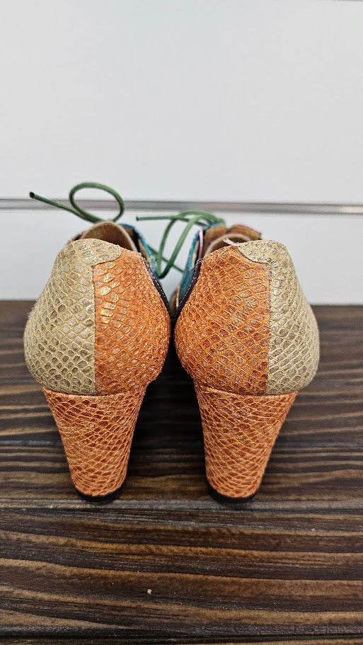 Multi Metallic Block Heel Lace Up Shoes - 36