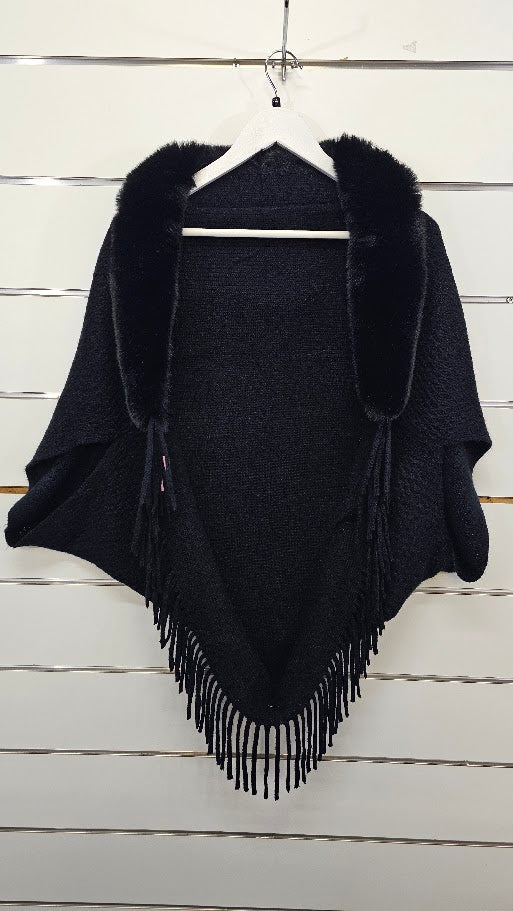 Knitted Black Shawl with Fur Collar - OSFA
