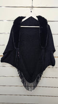Knitted Black Shawl with Fur Collar - OSFA