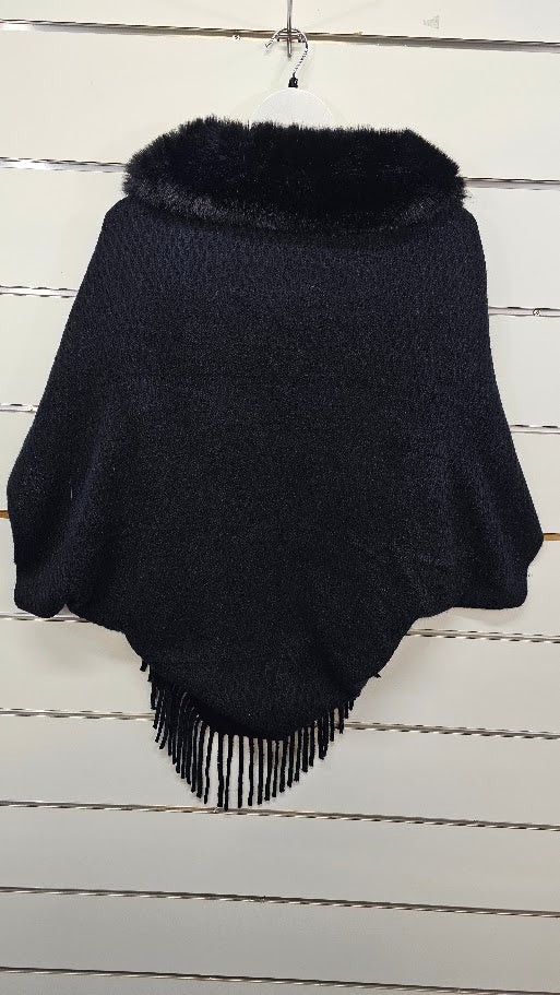 Knitted Black Shawl with Fur Collar - OSFA