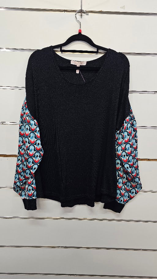 Classified Black Knitted Top with Colourful Sleeves - L