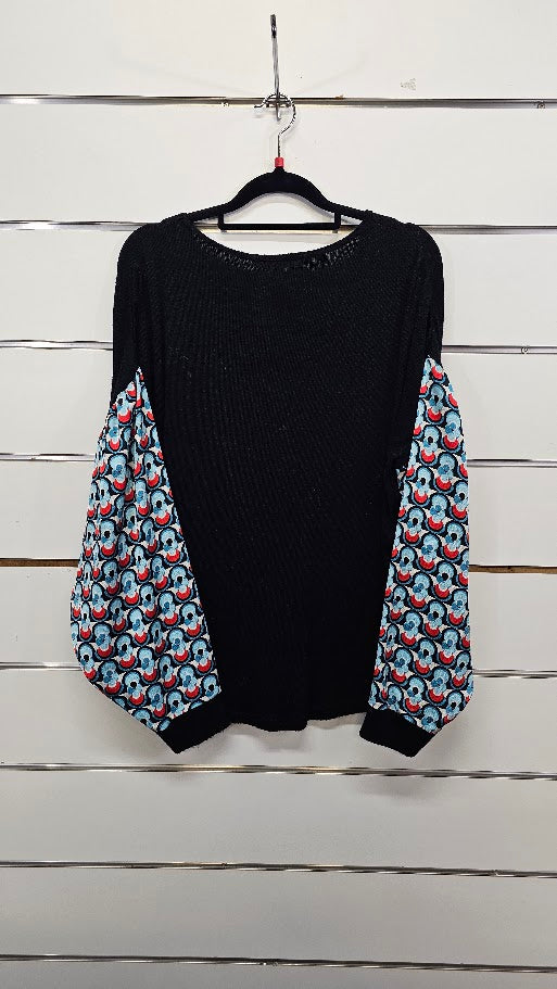 Classified Black Knitted Top with Colourful Sleeves - L