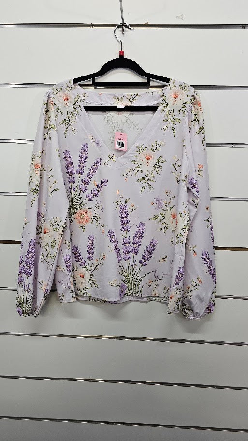 Purple Floral V-Neck Blouse - L