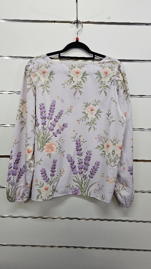 Purple Floral V-Neck Blouse - L