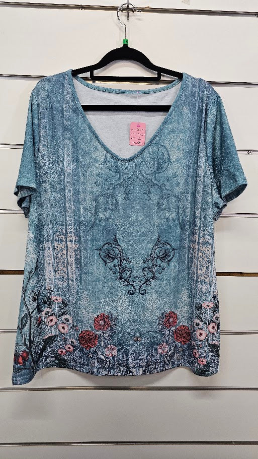 Teal Floral T-Shirt Top - XL
