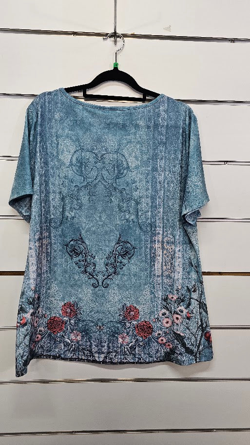 Teal Floral T-Shirt Top - XL