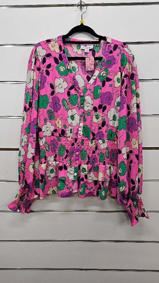 Charlo Hot Pink Floral Smocked Blouse - 16