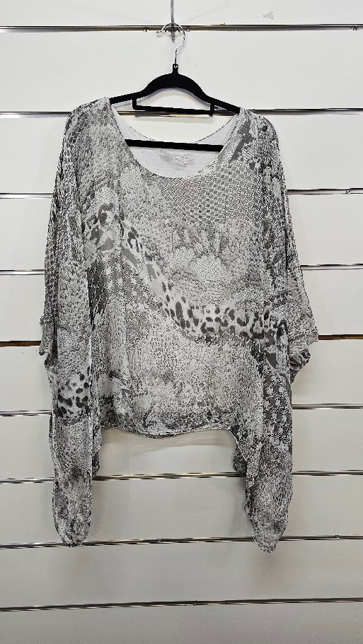 Grey/White Silk Blouse - OSFA