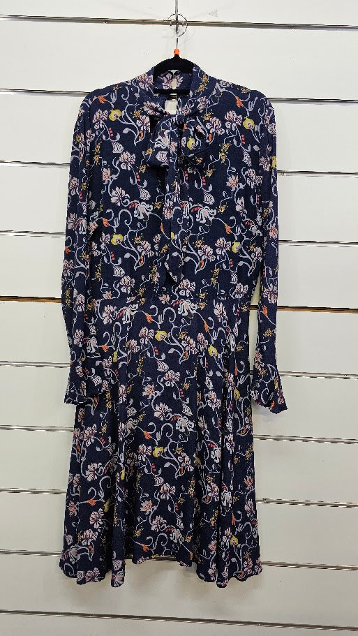 Siren, Navy Floral, Long Sleeve Midi Dress with Neck Tie - Size 14