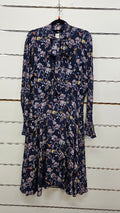 Siren, Navy Floral, Long Sleeve Midi Dress with Neck Tie - Size 14