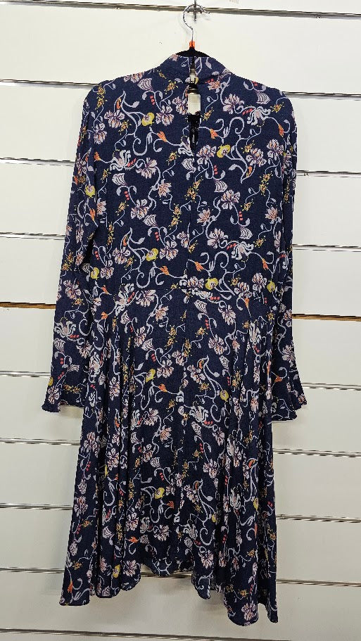 Siren, Navy Floral, Long Sleeve Midi Dress with Neck Tie - Size 14