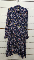 Siren, Navy Floral, Long Sleeve Midi Dress with Neck Tie - Size 14