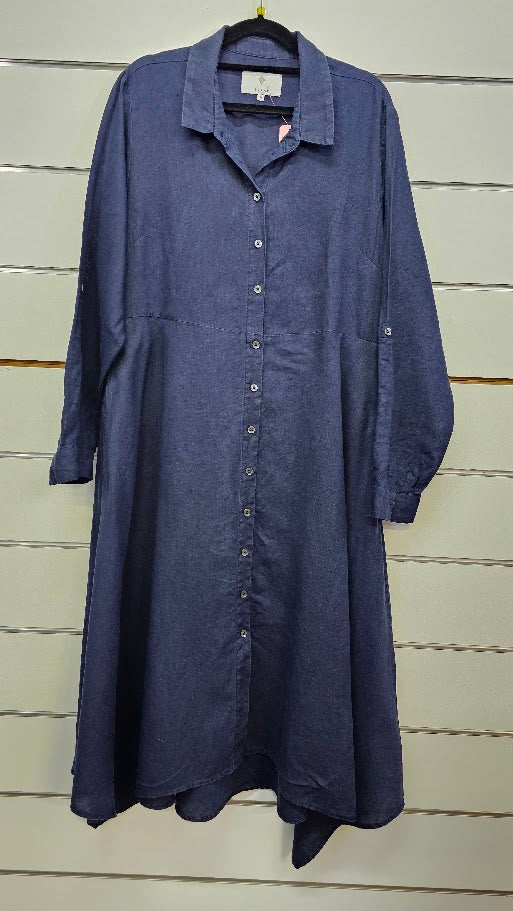Jigsaw, Navy, Long Sleeve Linen Midi Dress with Collar - Size 16