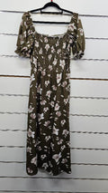 Khaki Floral Smocked Midi Dress - L