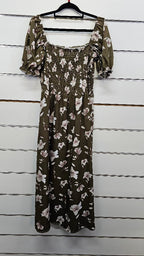 Khaki Floral Smocked Midi Dress - L