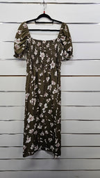 Khaki Floral Smocked Midi Dress - L