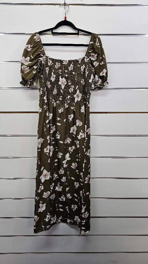 Khaki Floral Smocked Midi Dress - L