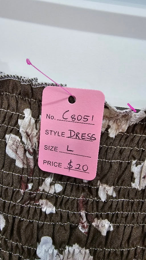 Khaki Floral Smocked Midi Dress - L
