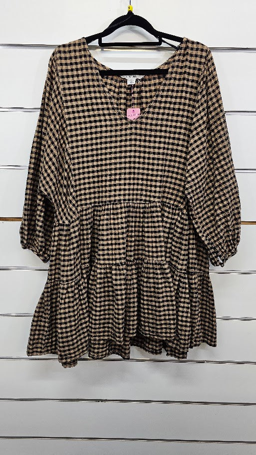 Glassons Check Beige/Black Mini Dress - M