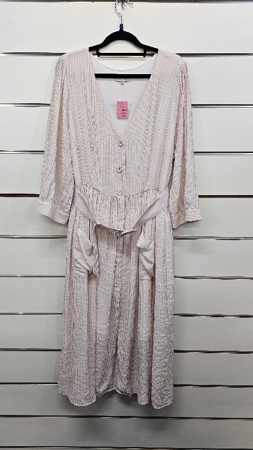 Whistle White/Pink Stripe Button Up Midi Dress - 18