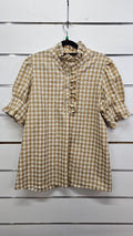 Cream/Beige Checkered Short-Sleeve Ruffle Top - XL