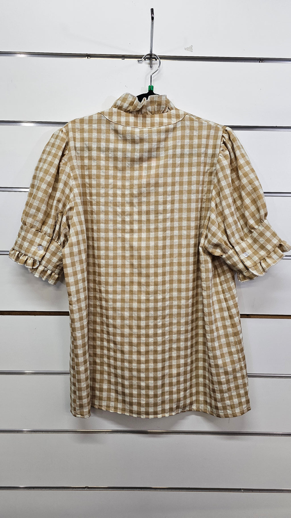 Cream/Beige Checkered Short-Sleeve Ruffle Top - XL