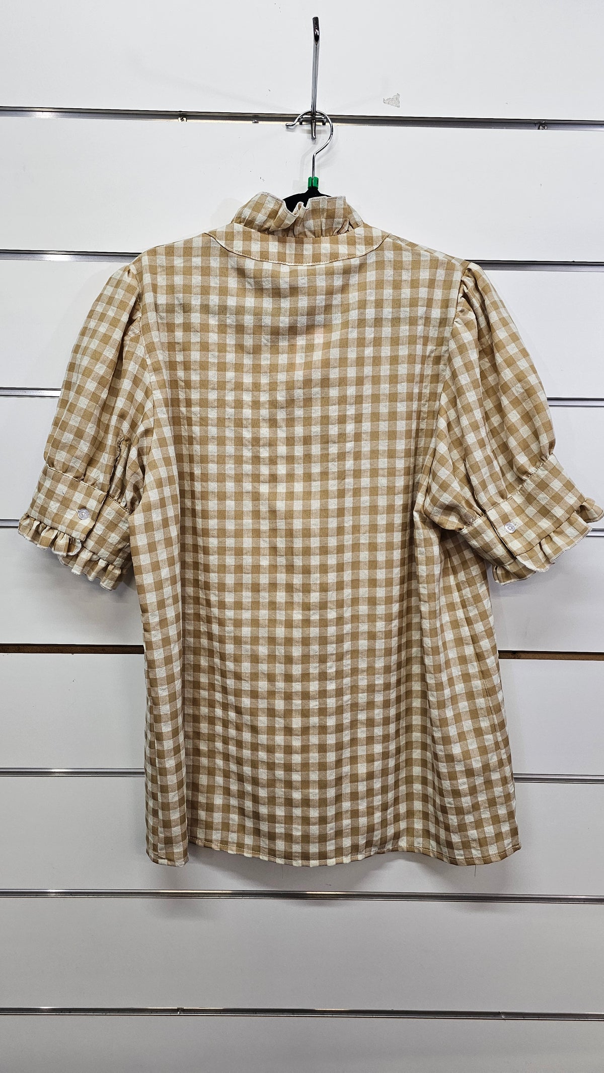 Cream/Beige Checkered Short-Sleeve Ruffle Top - XL