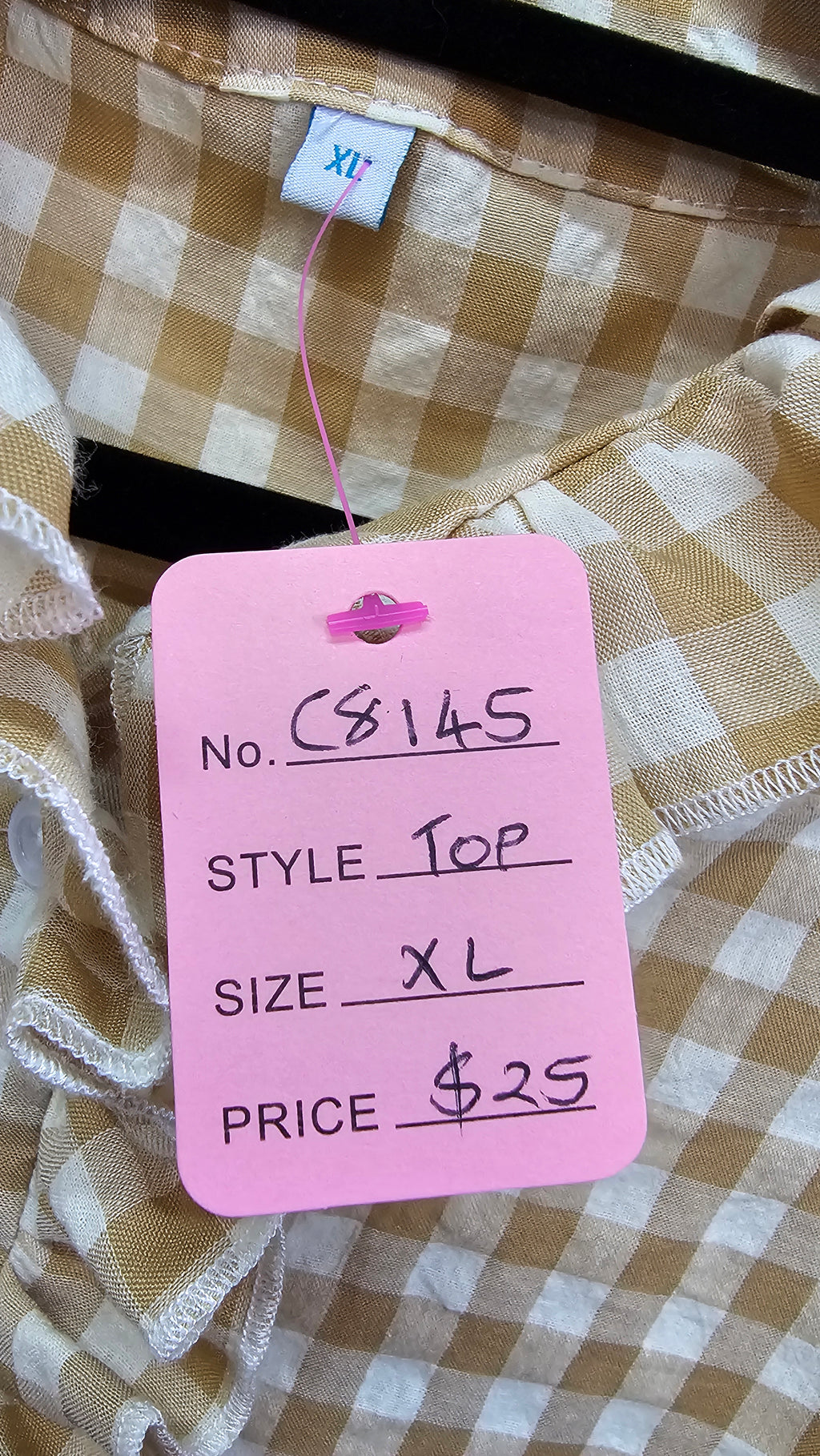 Cream/Beige Checkered Short-Sleeve Ruffle Top - XL