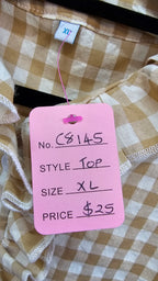 Cream/Beige Checkered Short-Sleeve Ruffle Top - XL
