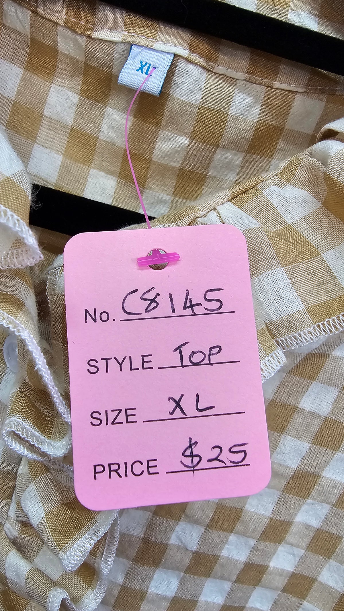 Cream/Beige Checkered Short-Sleeve Ruffle Top - XL