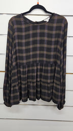 Whistle Dark Plaid Tiered Long-Sleeve Top - 14