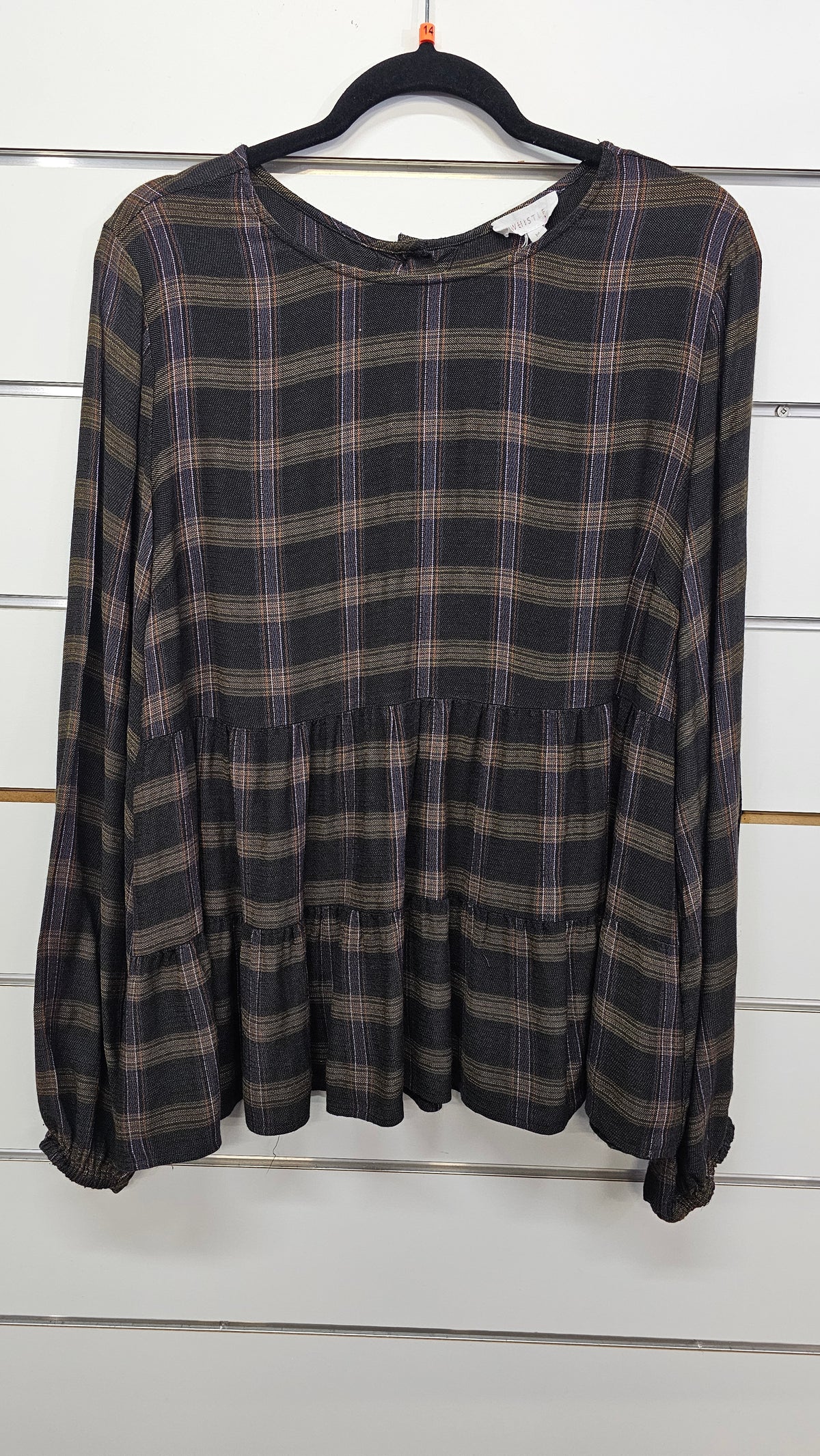 Whistle Dark Plaid Tiered Long-Sleeve Top - 14