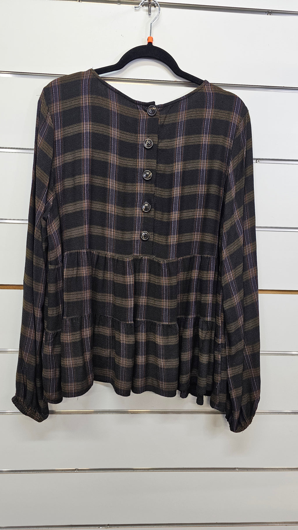 Whistle Dark Plaid Tiered Long-Sleeve Top - 14