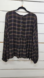 Whistle Dark Plaid Tiered Long-Sleeve Top - 14