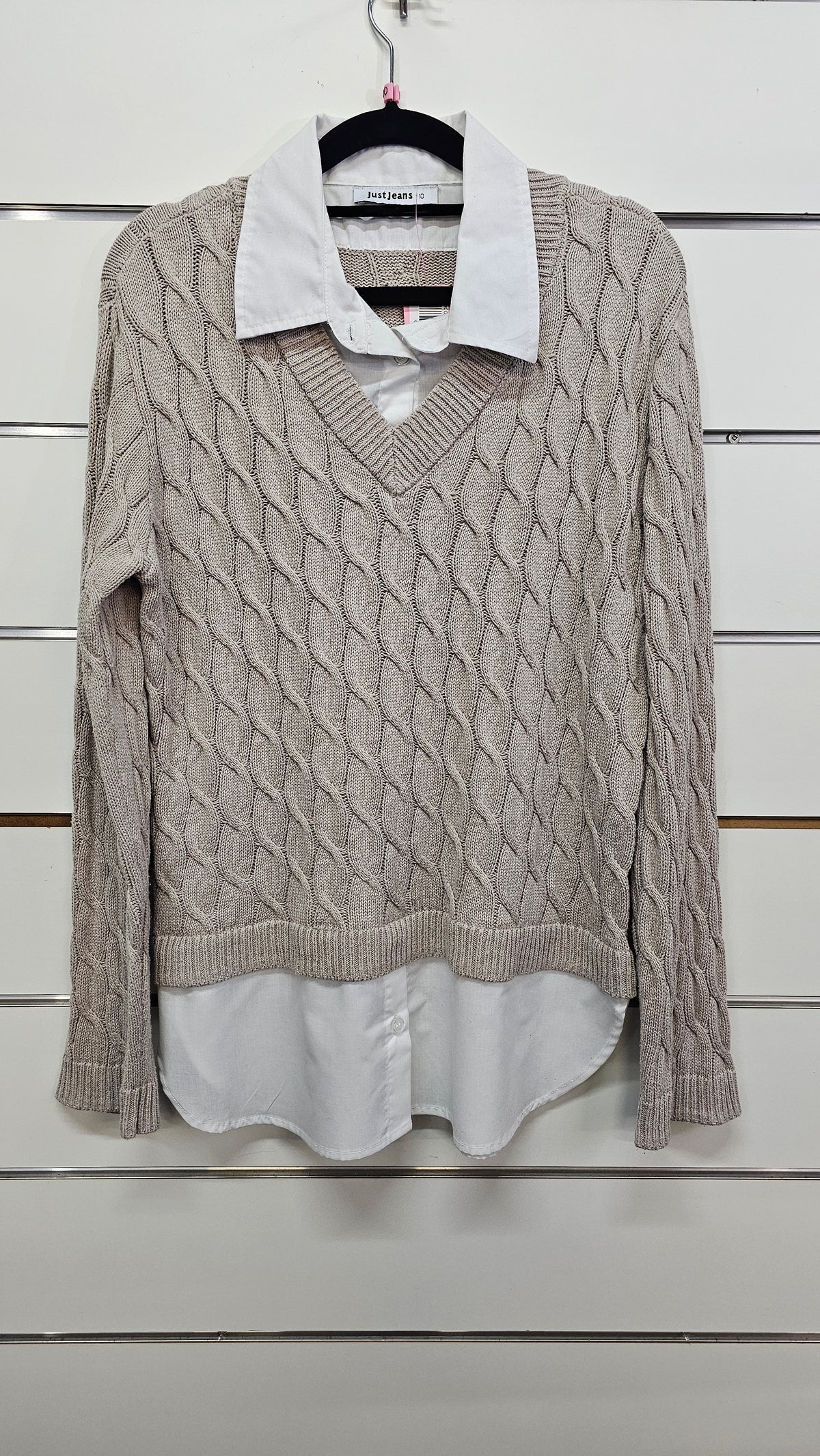 Just Jeans White/Cream Layered Jersey Top with Shirt Inserts - 10