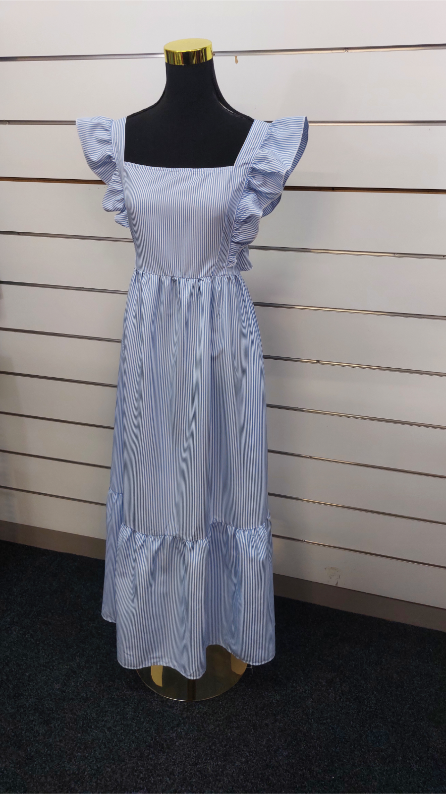Shein Blue/White Striped Open-Back Maxi Dress - 10