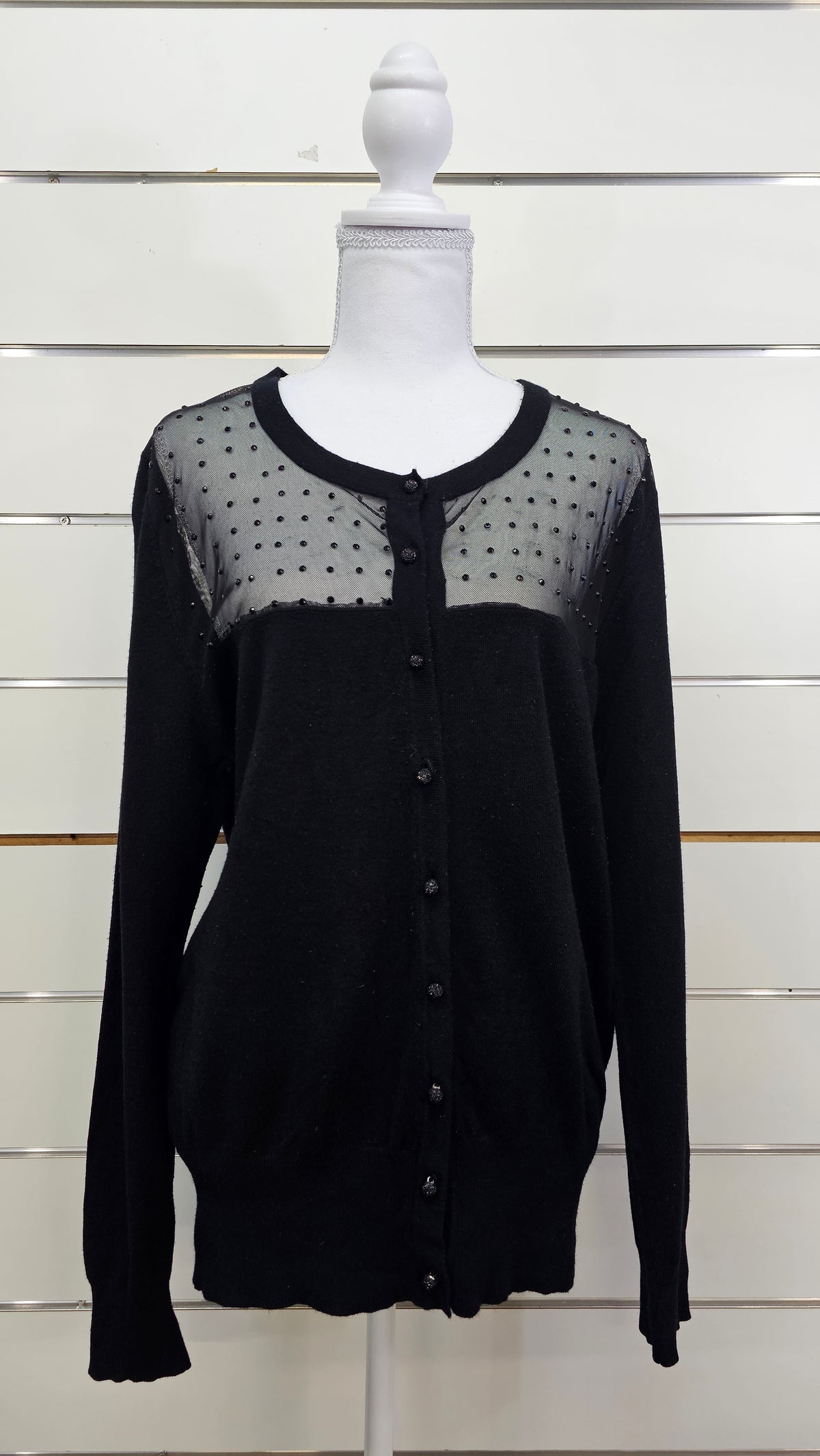 Black Jersey Top with Mesh and Buttons - 16