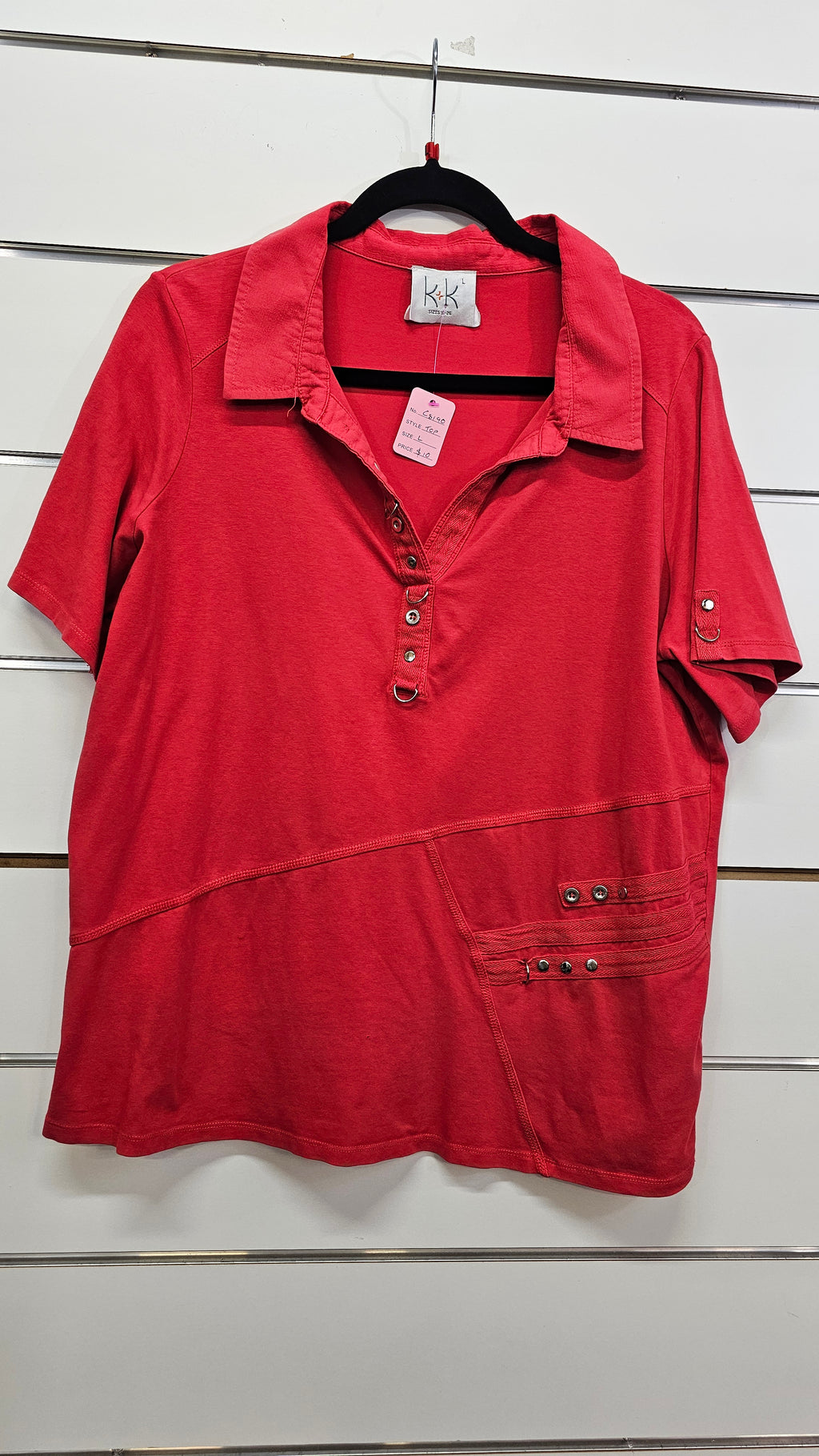 K+K Red Short-Sleeve Top with Silver Buttons and Hardware - L