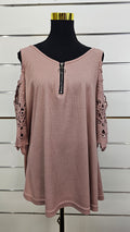 Dusky Pink Lace-Sleeve Open-Shoulder Top - 16