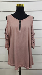 Dusky Pink Lace-Sleeve Open-Shoulder Top - 16