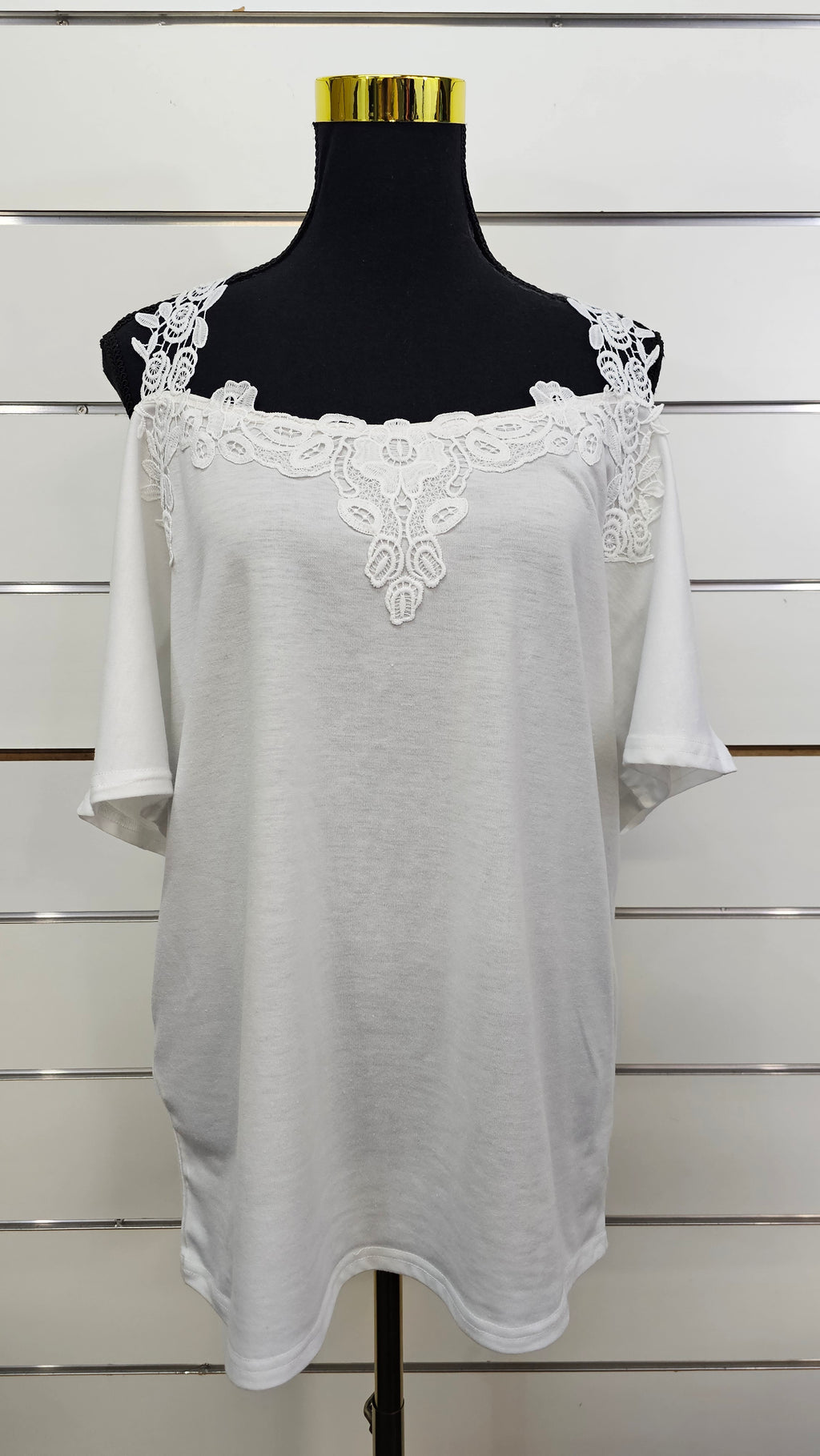 White Lace Open-Shoulder Short-Sleeve Top - XL