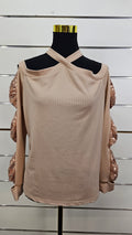 Beige/Gold Sequin Cross-Neck Top with Bow Detail on Sleeve - 16