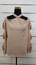 Beige/Gold Sequin Cross-Neck Top with Bow Detail on Sleeve - 16