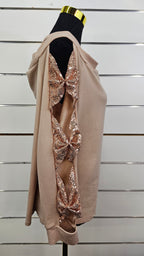 Beige/Gold Sequin Cross-Neck Top with Bow Detail on Sleeve - 16