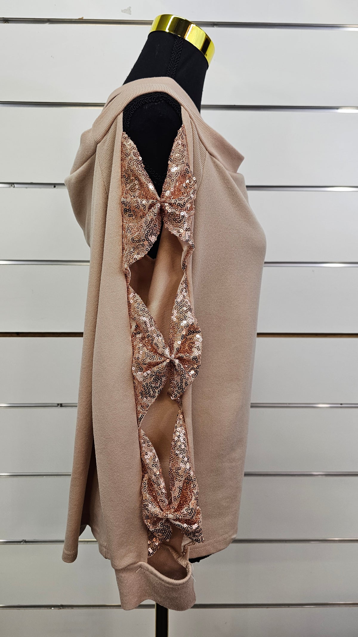 Beige/Gold Sequin Cross-Neck Top with Bow Detail on Sleeve - 16