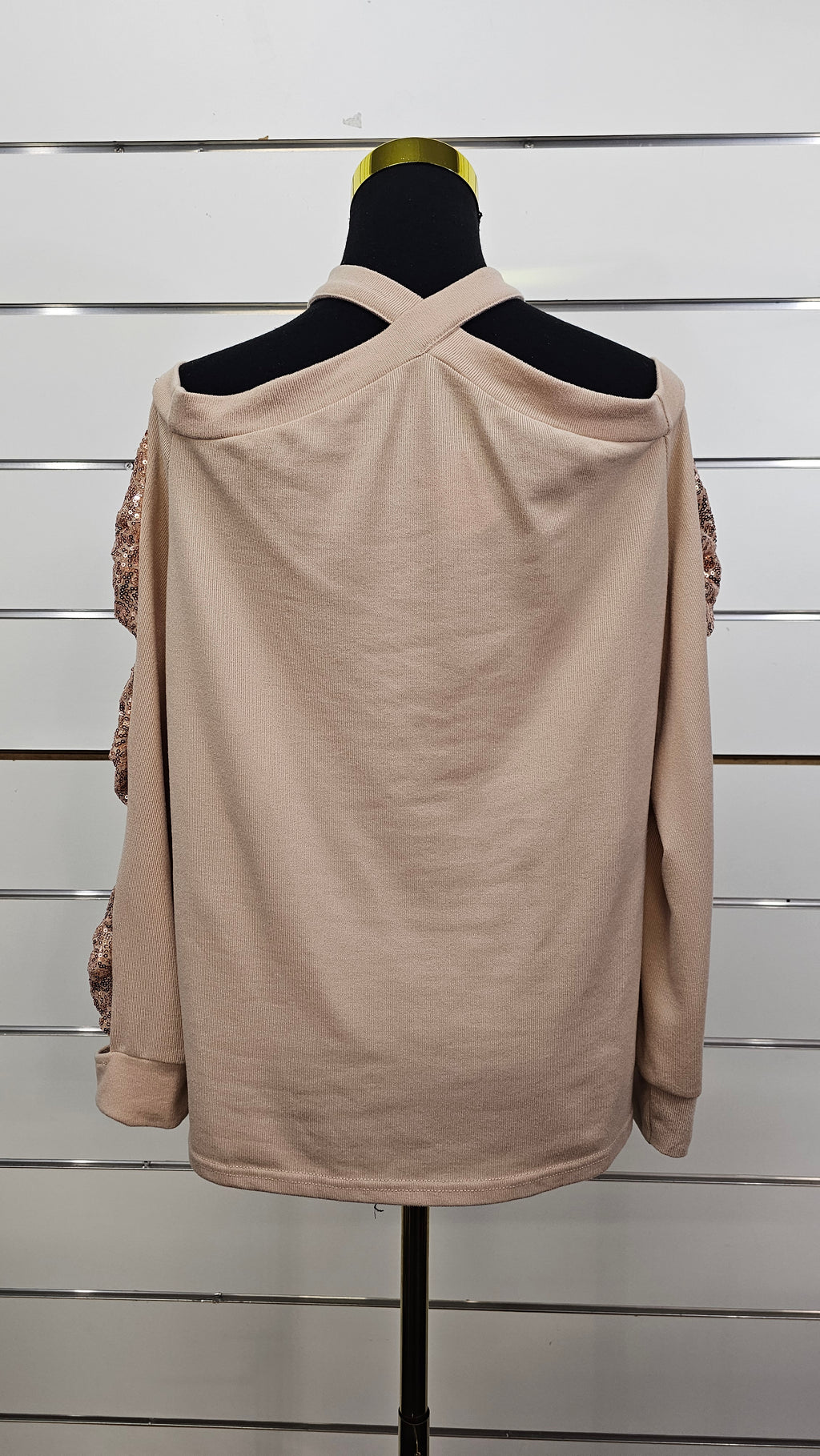 Beige/Gold Sequin Cross-Neck Top with Bow Detail on Sleeve - 16