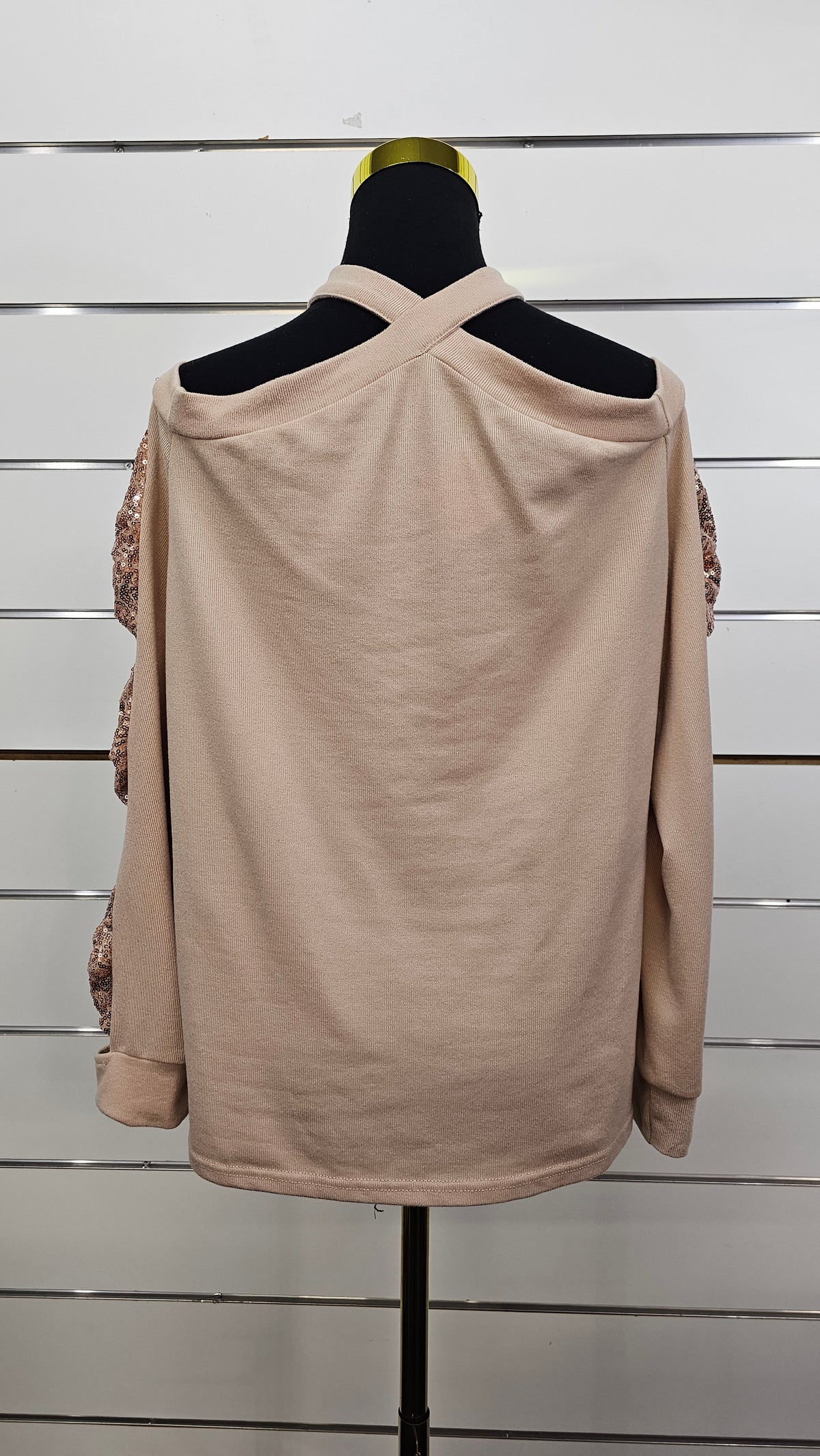 Beige/Gold Sequin Cross-Neck Top with Bow Detail on Sleeve - 16