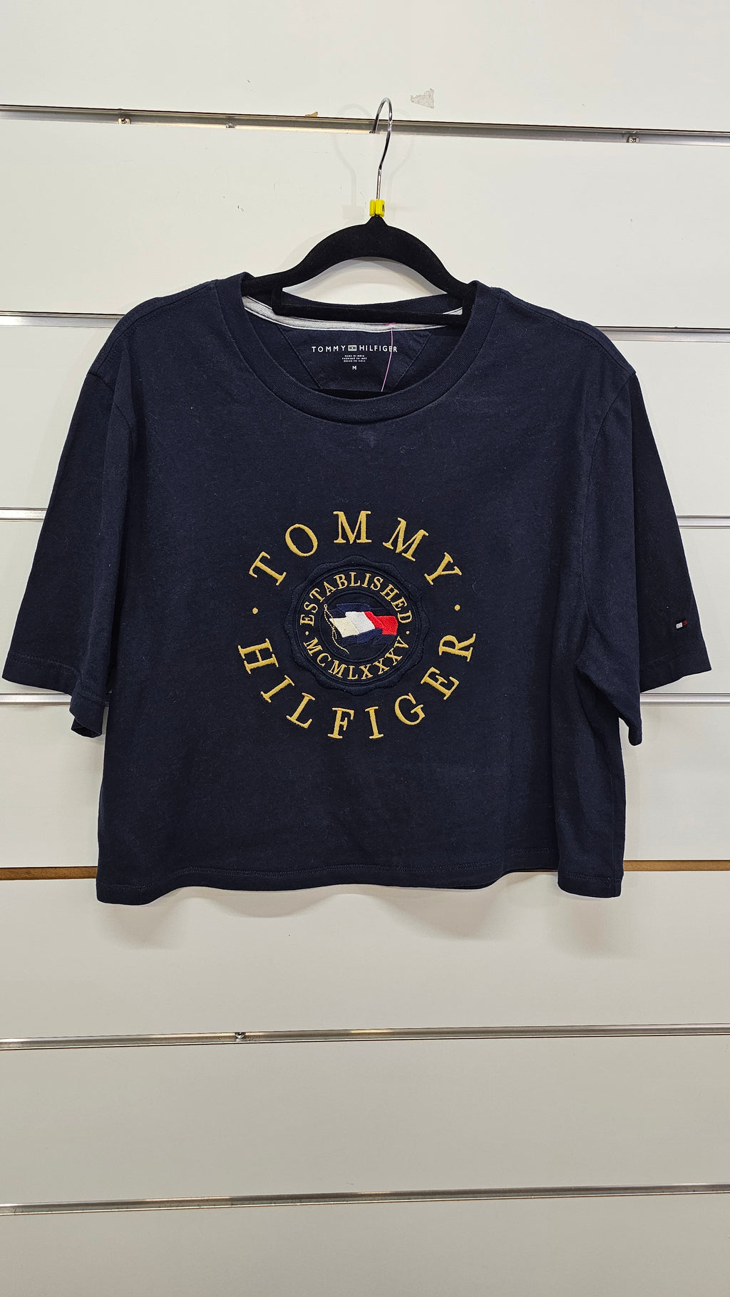 Tommy Navy Cropped T-Shirt with Embroidered Logo - M