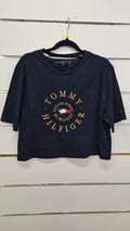 Tommy Navy Cropped T-Shirt with Embroidered Logo - M