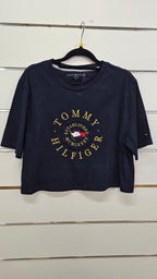 Tommy Navy Cropped T-Shirt with Embroidered Logo - M
